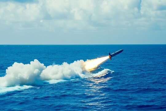 Military nuclear submarine launching torpedo in ocean with expansive banner space for text