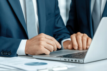 Collaborating professionals working on laptop in modern office setting