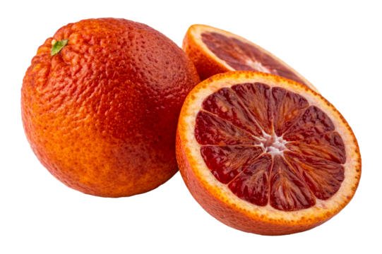 Fresh blood oranges cut open revealing juicy red pulp and vibrant skin isolated on transparent background