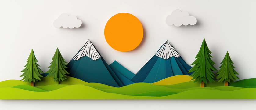 vibrant paper art landscape featuring mountains, trees, and sun. composition showcases green hills, blue peaks, and playful clouds