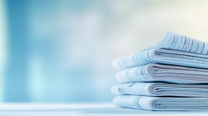 Neatly stacked newspapers rest on table against soft blue, white gradient background. Close-up view highlights rich details within printed material. Calm, organized scene. Newspapers show intricate