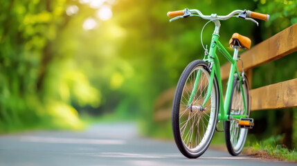 Fototapeta premium green bicycle parked beside wooden fence on serene countryside road, surrounded by lush greenery and soft sunlight
