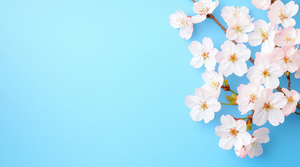 Fototapeta premium close up view of cherry blossom branches against blue background, showcasing delicate pink flowers that evoke sense of tranquility and beauty