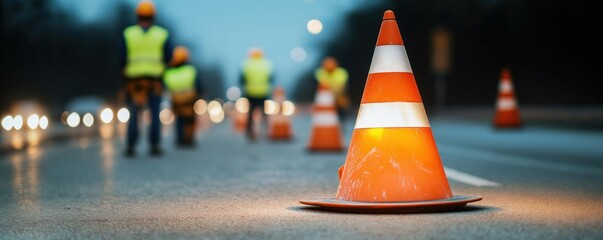 Road construction workers assemble traffic cones. Safety cones mark construction zone. Workers wear safety vests, hard hats. Road maintenance work happens in evening. Public safety essential during