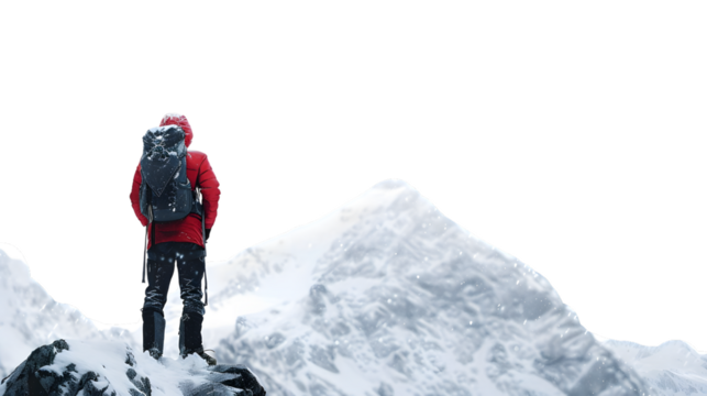 Mountain climber with a backpack viewing snow-covered peaks, isolated on white background 