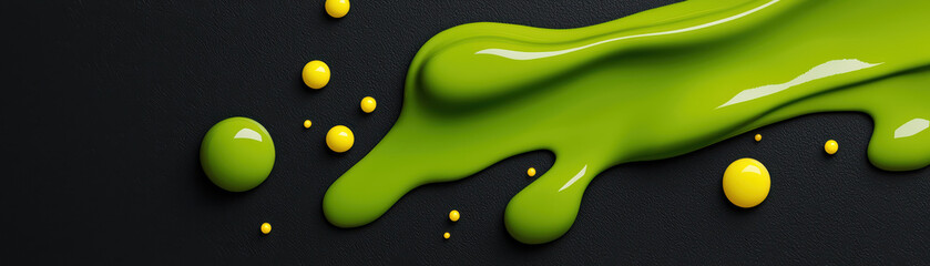 Bright green and yellow paint splatters on dark surface create vibrant visual