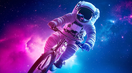 Fototapeta premium Astronaut riding a bicycle through a colorful cosmic space