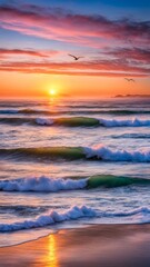 Obraz premium Idyllic beach scene at twilight, gentle waves rolling in, colorful sky filled with flying birds, perfect for inspiring peace and tranquility, ideal for promoting nature experiences, beach vacations