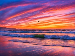 Obraz premium Mesmerizing ocean sunset with waves caressing sandy beach, vibrant sky reflecting sunset colors, birds soaring above, perfect for evoking relaxation, travel content and serene beach moments.