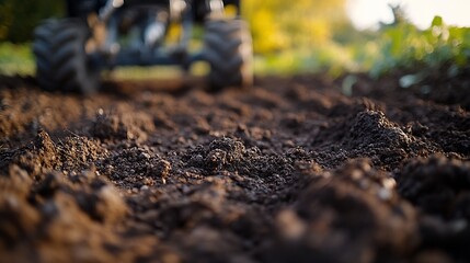 Fototapeta premium Tractor Tilling Dark Brown Soil In Field