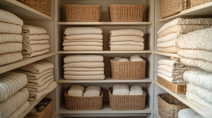 Organized storage area displays neatly folded blankets, baskets. Shelving unit holds stacks of soft beige linen blankets. Natural woven baskets add texture, organization. Interior design solution for