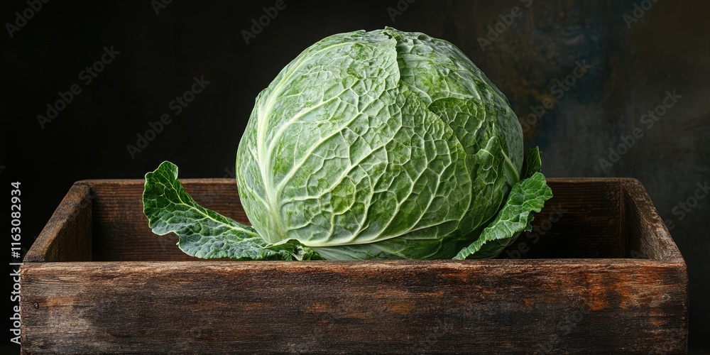 Wall mural Close-up view of a fresh green cabbage resting in a rustic wooden box on a dark background, showcasing the intricate textures and vibrant color of the leafy vegetable in a cozy, natural setting