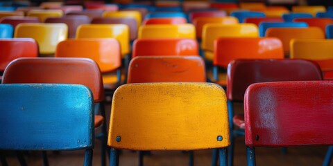 Fototapeta premium A vibrant assortment of colorful vintage chairs arranged in neat rows captures the eye with their bold hues and nostalgic design in a serene setting