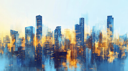Fototapeta premium An Abstract Cityscape Painting Of Skyscrapers At Dawn