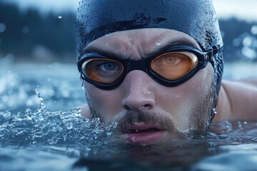 Male in a pool: swimmer close-up, aquatic skill, water splash, athletic effort, freestyle focus, rippling waves, diving motion, competitive edge, muscular form, swimming precision, fitness drive.