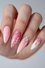 A hand with long nails and gel polish in pink and white. High quality photo