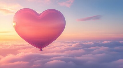 Fototapeta premium A large pink heart-shaped balloon floating above soft clouds during a colorful sunset.