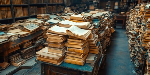 Obraz premium A vast collection of vintage and antiquarian books is meticulously stacked in a historic library, showcasing the rich history and timeless charm of printed literature