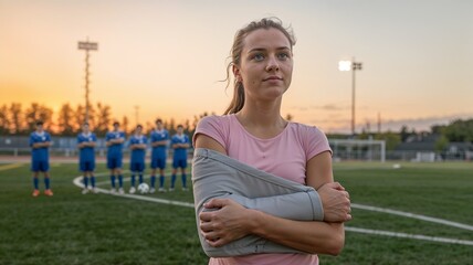  Injured female soccer player with arm sling at sunset