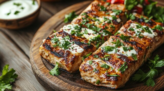 Iskender kebab with yogurt, butter sauce, and fresh parsley, served on a wooden table 