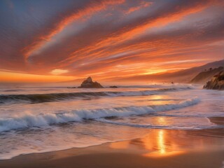 Fototapeta premium Stunning beach scene at sunset, gentle waves caressing golden sands, vibrant colors blending in the sky, perfect for evoking tranquility and relaxation, ideal for travel and nature-themed projects.