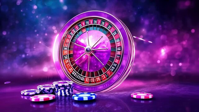 Vibrant neon roulette wheel and casino chips against a sparkling cosmic background