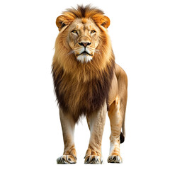 Lion stands in front of a white background.