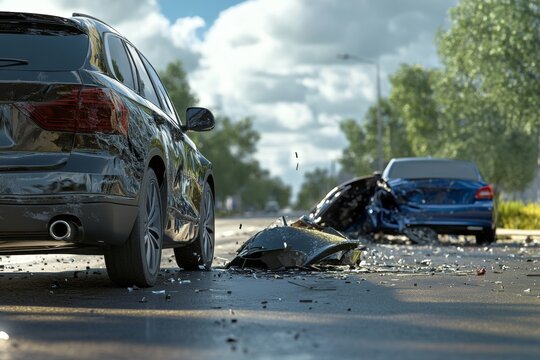 Realistic scene of a modern car accident  black suv rear ends blue sedan with significant damage