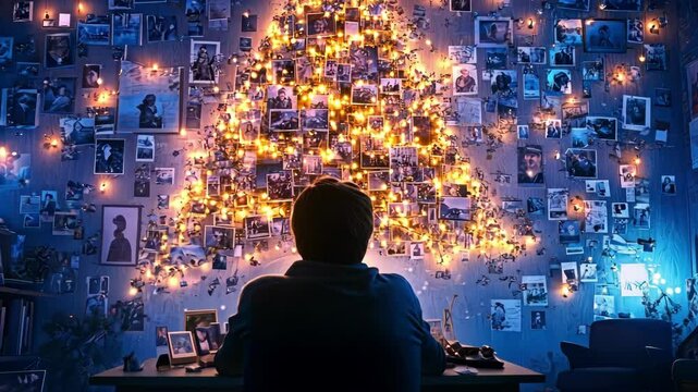 Person reflecting on memories illuminated by photographs forming a christmas tree