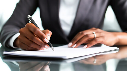 A businesswoman with short hair sits at a desk with her laptop open. She holds a pen in one hand while making notes in a notebook, demonstrating her commitment to organization and productivity.