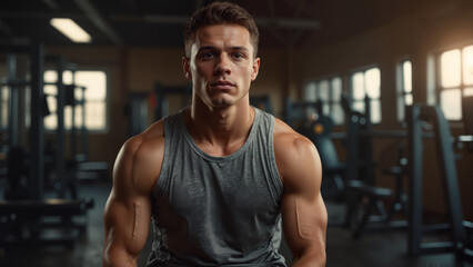 Obraz premium Muscular young man sitting in gym with focused expression