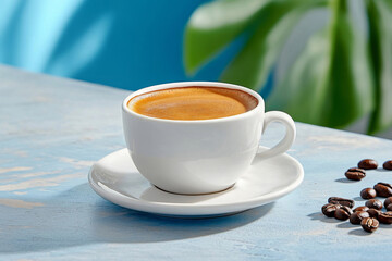 Obraz premium Fresh coffee in white ceramic cup. Cup of espresso on blue table. Morning relaxation.