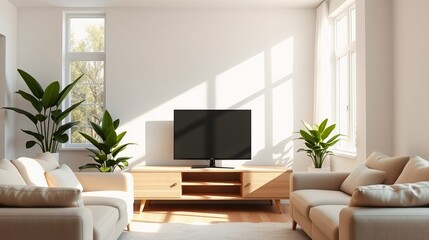 Fototapeta premium Modern Living Room Interior with Light-filled Spaces and Lush Green Plants