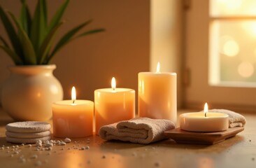 A vanilla scented candle is being burned on a beige background, creating a cozy and warm autumn atmosphere with dried leaves and flowers. This composition represents the comforts of home, spa