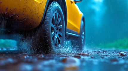 Driving through rain on a muddy road with splashes