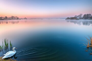 Fototapeta premium Serene Dawn Landscape with a Swan at the Water's Edge