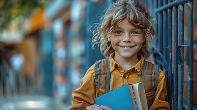 Portrait of a smiling schoolboy with books in the street. - Powered by Adobe