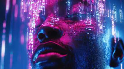 A surreal portrait of a cybernetic human with glowing circuits, illuminated in vivid neon pink and blue hues, with a digital matrix of cascading numbers as the background