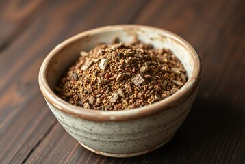 Close-up of a Rustic Ceramic Bowl Filled with a Mixture of Ground Spices and Herbs