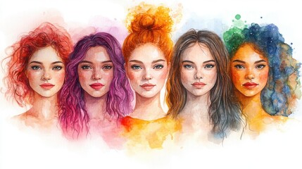 Watercolor Portraits of Diverse Women Celebrating International Women's Day
