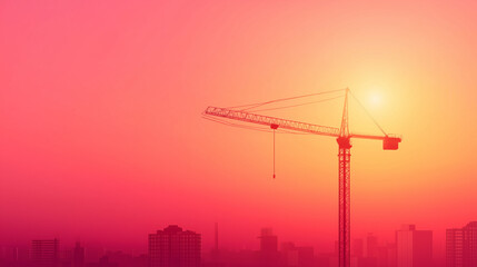 Construction crane silhouetted against a colorful sunset