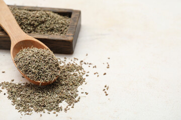 Spoon and wooden tray with dried anise seeds on light background