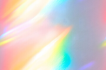 Blurred rainbow light refraction texture overlay effect for photo and mockups. Organic drop diagonal holographic flare on a white wall. Shadows for natural light effects