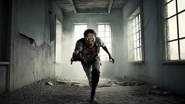Zombie Character in a Dilapidated Building Running Toward the Camera in a Post-Apocalyptic Environment

