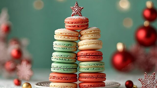 Christmas tree made of colorful macarons on a festive background.