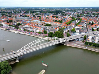 Aerial view of the Ijssel river and the city of Deventer, The Netherlands