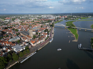 Aerial view of the Ijssel river and the city of Deventer, The Netherlands