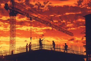 Dramatic sunset silhouette of construction workers on elevated structures with crane and vibrant sky