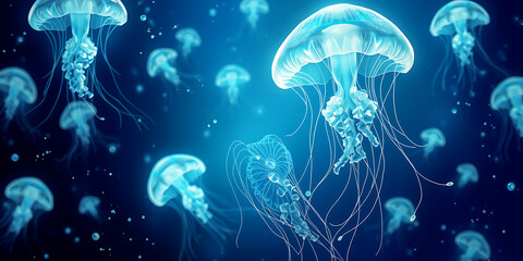 Obraz premium Jellyfish floating on the ocean, Neon jellyfish in the sea deep blue water