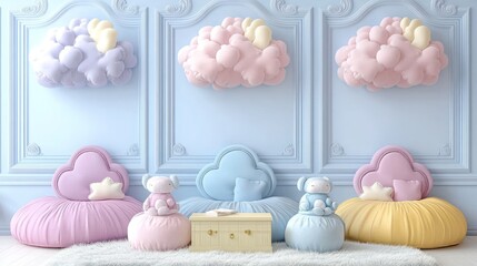 Pastel-colored cloud-shaped chairs and ottomans in a baby's room.